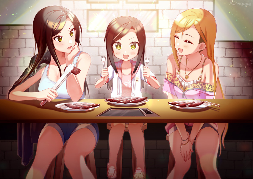 3girls :d bangs bare_shoulders blonde_hair blush bracelet breasts brick_wall brown_hair chopsticks cleavage closed_eyes commentary_request fang fork fujimoto_rina highres hood hoodie idolmaster idolmaster_cinderella_girls idolmaster_cinderella_girls_starlight_stage jacket jacket_on_shoulders jewelry large_breasts long_hair looking_at_another mukai_takumi multiple_girls necklace open_mouth shangziyxy short_shorts shorts sitting slippers smile star-shaped_pupils star_(symbol) swept_bangs symbol-shaped_pupils table tank_top thighs tongs white_tank_top yellow_eyes