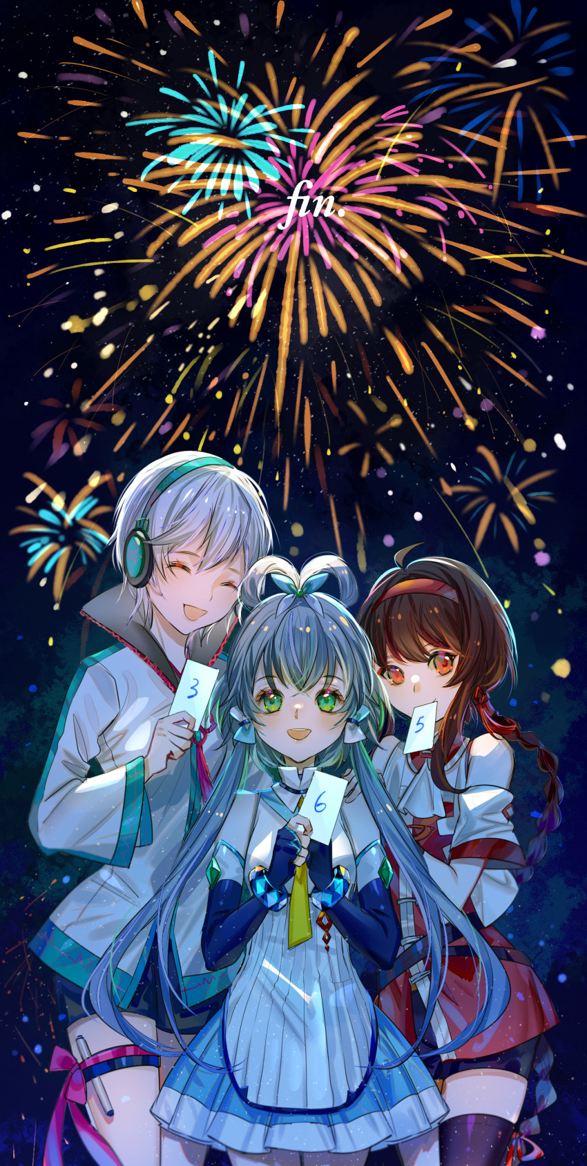 3girls absurdres backlighting bare_shoulders bike_shorts blue_skirt blue_sleeves brown_eyes brown_hair closed_eyes commentary cowboy_shot detached_sleeves dress fireworks green_eyes grey_hair hair_rings hairband hand_on_another's_shoulder headphones highres holding holding_paper jacket jamjar77 long_hair luo_tianyi medium_hair mouth_hold multiple_girls night night_sky open_mouth paper red_skirt shirt short_hair skirt sky smile standing star_(sky) starry_sky thigh_strap thighhighs vocaloid vsinger white_dress white_hair white_jacket white_shirt yanhe yuezheng_ling zettai_ryouiki