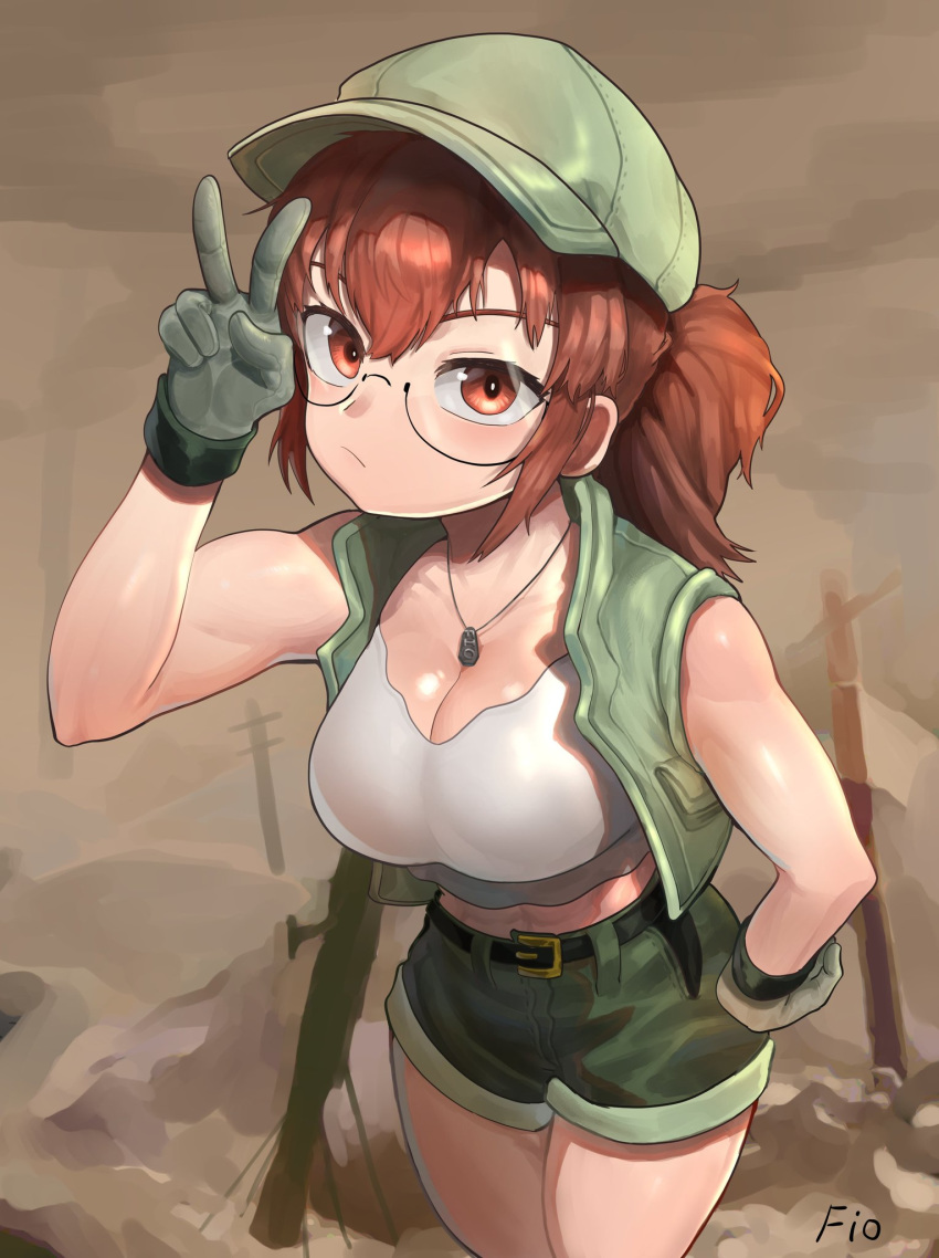 1girl baseball_cap belt brown_eyes brown_hair eungi fingerless_gloves fio_germi glasses gloves hat highres metal_slug metal_slug_3 midriff navel ponytail power_lines short_shorts shorts snk solo telephone_pole utility_pole vest