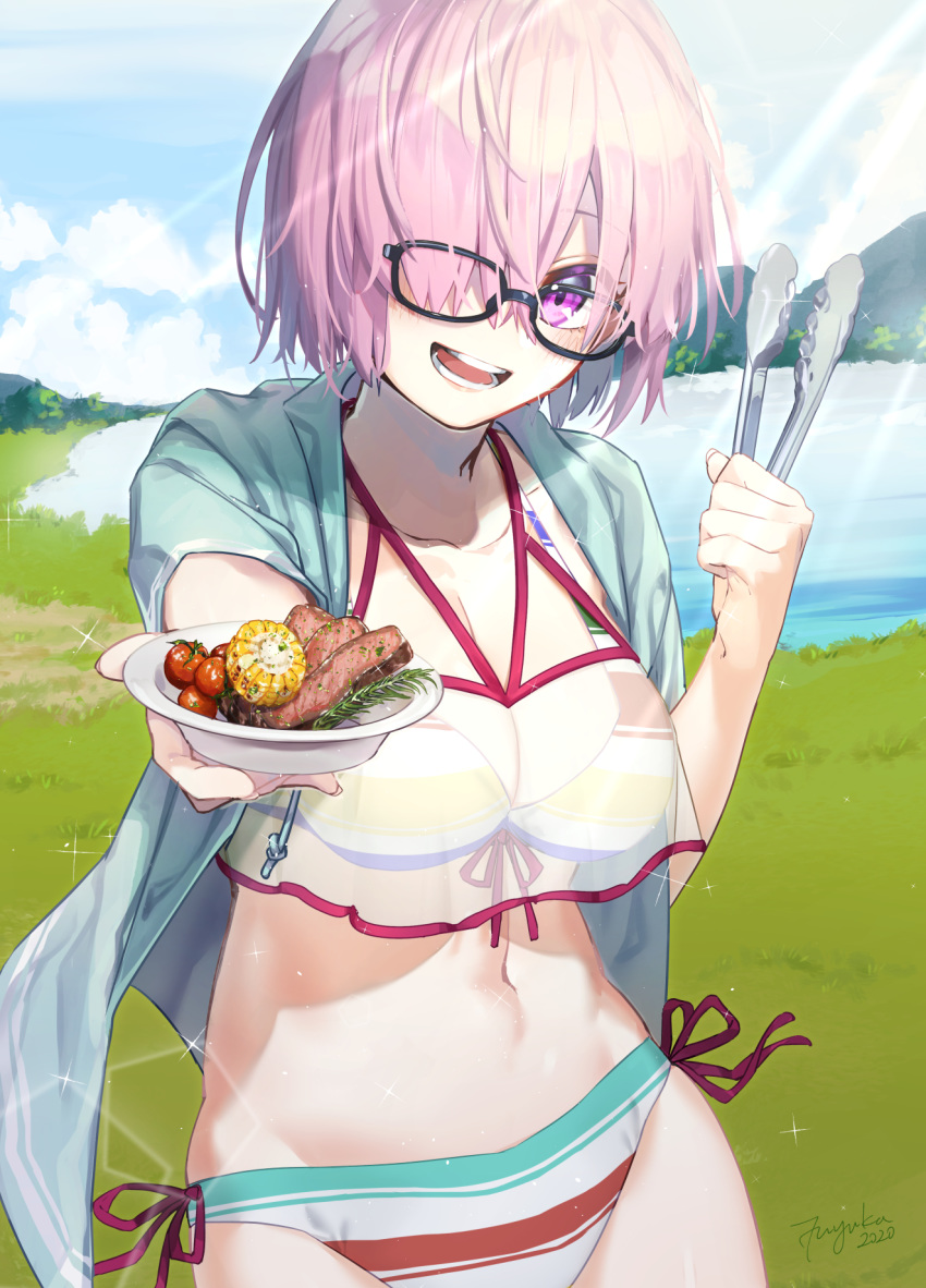 1girl :d arm_up bangs bare_shoulders bikini blue_shirt board_game bowl breasts cleavage cloud collarbone corn cowboy_shot dress_shirt fate/grand_order fate_(series) food fuyuhi_tsukika glasses go grass hair_over_eyes hair_over_one_eye highres holding lake large_breasts light_purple_hair looking_at_viewer mash_kyrielight mountain navel open_mouth purple_eyes rainbow_bikini sheer_clothes shirt short_hair signature sky smile solo steak striped striped_bikini sunlight swimsuit swimsuit_of_perpetual_summer_ver.02 teeth tomato tongs unbuttoned unbuttoned_shirt