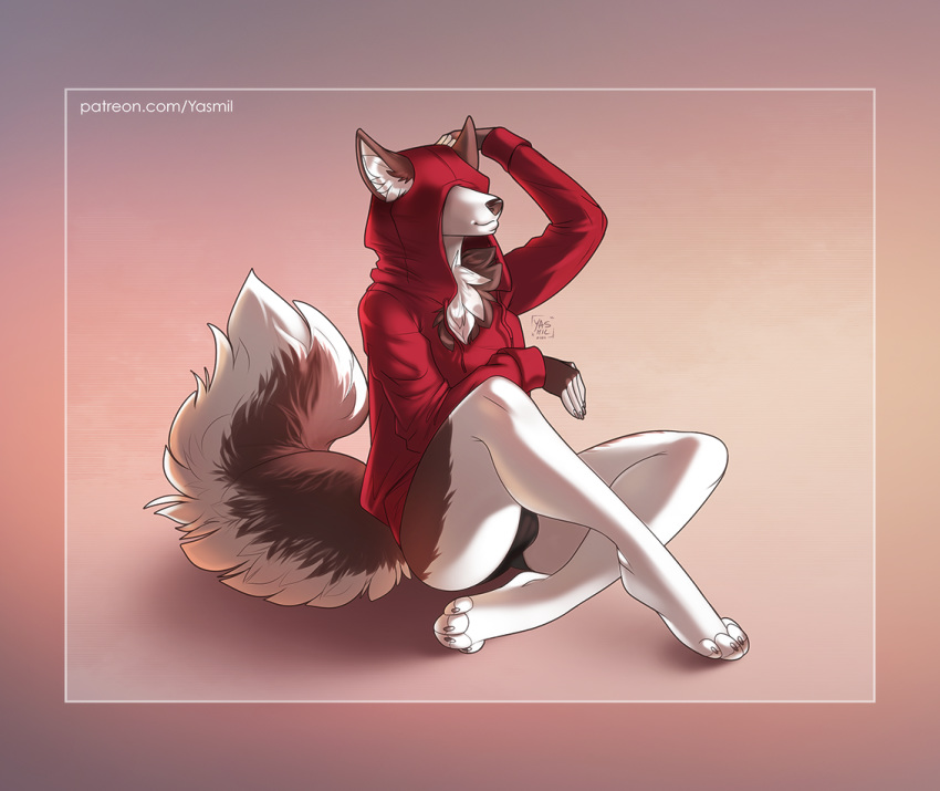 4_toes 5_fingers anthro brown_body brown_fur camel_toe canid canine canis clothed clothing curtain_doggo_(photonoko) domestic_dog female fingers fur husky mammal nordic_sled_dog sitting solo spitz toes white_body white_fur yasmil