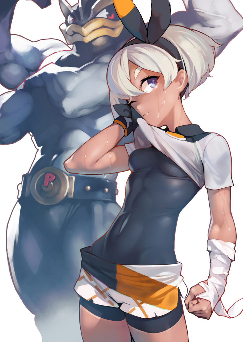 1girl abs ataruman bangs bea_(pokemon) black_bodysuit black_hairband bodysuit bodysuit_under_clothes bow_hairband breasts clenched_hand dark_skin gen_1_pokemon gloves grey_eyes grey_hair gym_leader hair_between_eyes hairband highres machamp muscle navel pokemon pokemon_(game) pokemon_swsh print_shirt print_shorts shirt short_hair short_sleeves shorts single_glove small_breasts stomach sweat tied_shirt two-tone_gloves