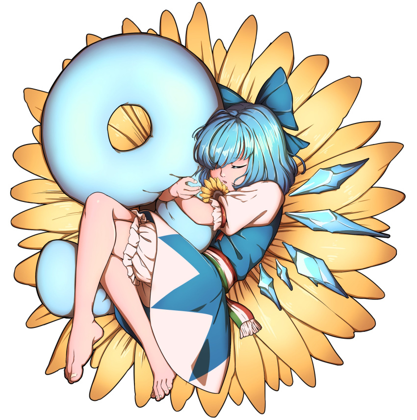 (9) 1girl barefoot blue_dress blue_hair blue_ribbon bow cirno closed_eyes dress flower hair_bow highres hug ice ice_wings mefomefo object_hug puffy_short_sleeves puffy_sleeves ribbon shirt short_hair short_sleeves solo sunflower touhou white_shirt wings