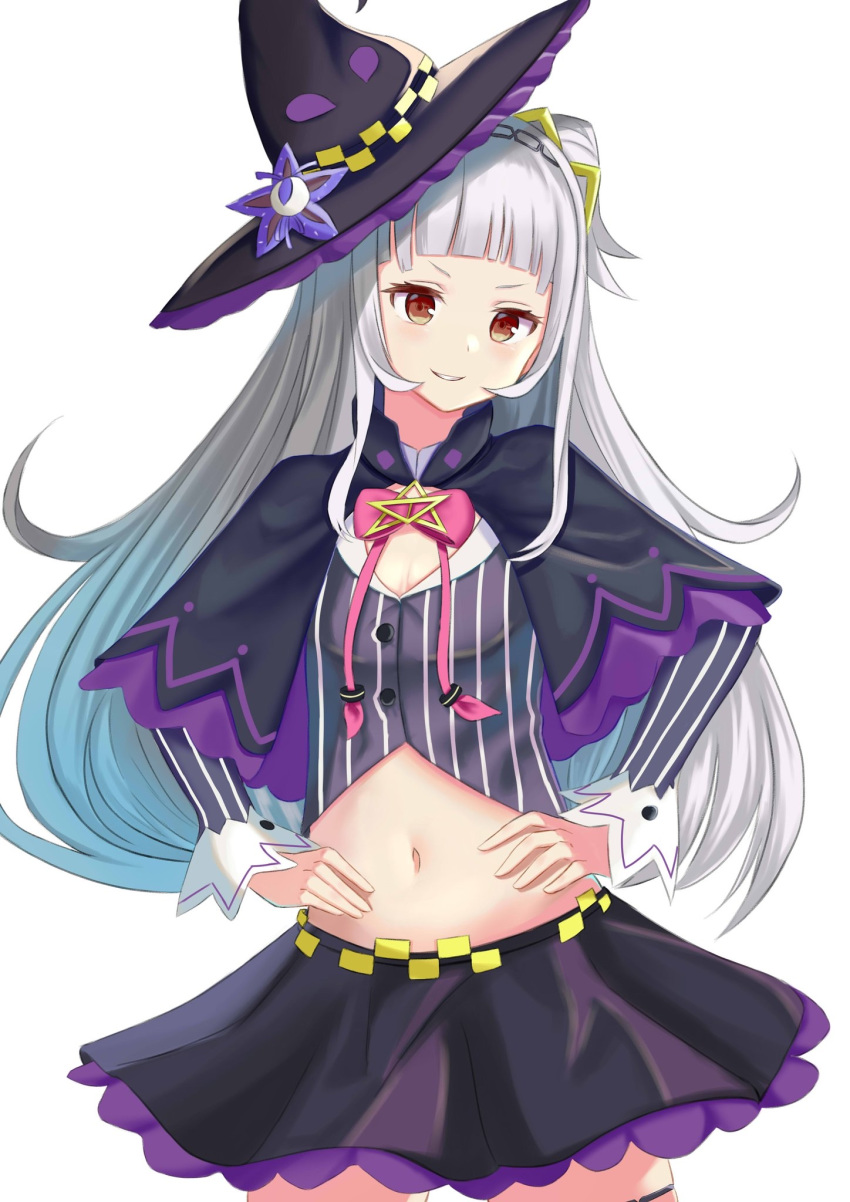 1girl bangs black_capelet black_headwear black_skirt blunt_bangs blush brown_eyes buttons capelet cowboy_shot crop_top eyelashes grin hairband hands_on_hips hat highres hololive long_hair long_sleeves looking_at_viewer lowleg lowleg_skirt microskirt midriff murasaki_shion natsuki_(natukituki) one_side_up pentagram silver_hair simple_background skirt smile solo star_(symbol) striped thighhighs tilted_headwear v-shaped_eyebrows vertical_stripes virtual_youtuber white_background witch_hat yellow_eyes
