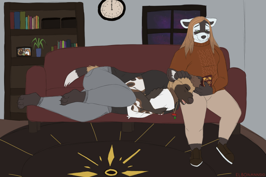 3:2 african_wild_dog anthro black-footed_ferret book bookshelf bottomwear brown_hair canid canine canis carpet clock clothing curled_up darius_davis detailed_background digital_media_(artwork) duo elbonannod emma_campbell female footwear frohawk fur furniture green_eyes hair jewelry living_room long_hair male male/female mammal multicolored_body multicolored_fur mustela mustelid musteline necklace night pants petting_head pillow pillow_hug reading_book shirt shoes short_hair sleeping slightly_chubby smile sofa sweater topwear window