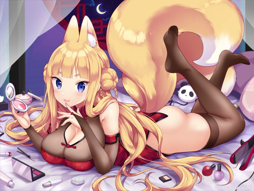 1girl animal_ear_fluff animal_ears ass bangs blonde_hair blue_eyes blush braid breasts bridal_gauntlets brown_legwear china_dress chinese_clothes cleavage cleavage_cutout crescent_moon double_bun dress fox_ears fox_girl fox_tail full_body indoors large_breasts lips long_hair looking_at_viewer lying makeup miyano_ururu moon night no_shoes on_stomach original short_eyebrows smile solo tail thighhighs very_long_hair