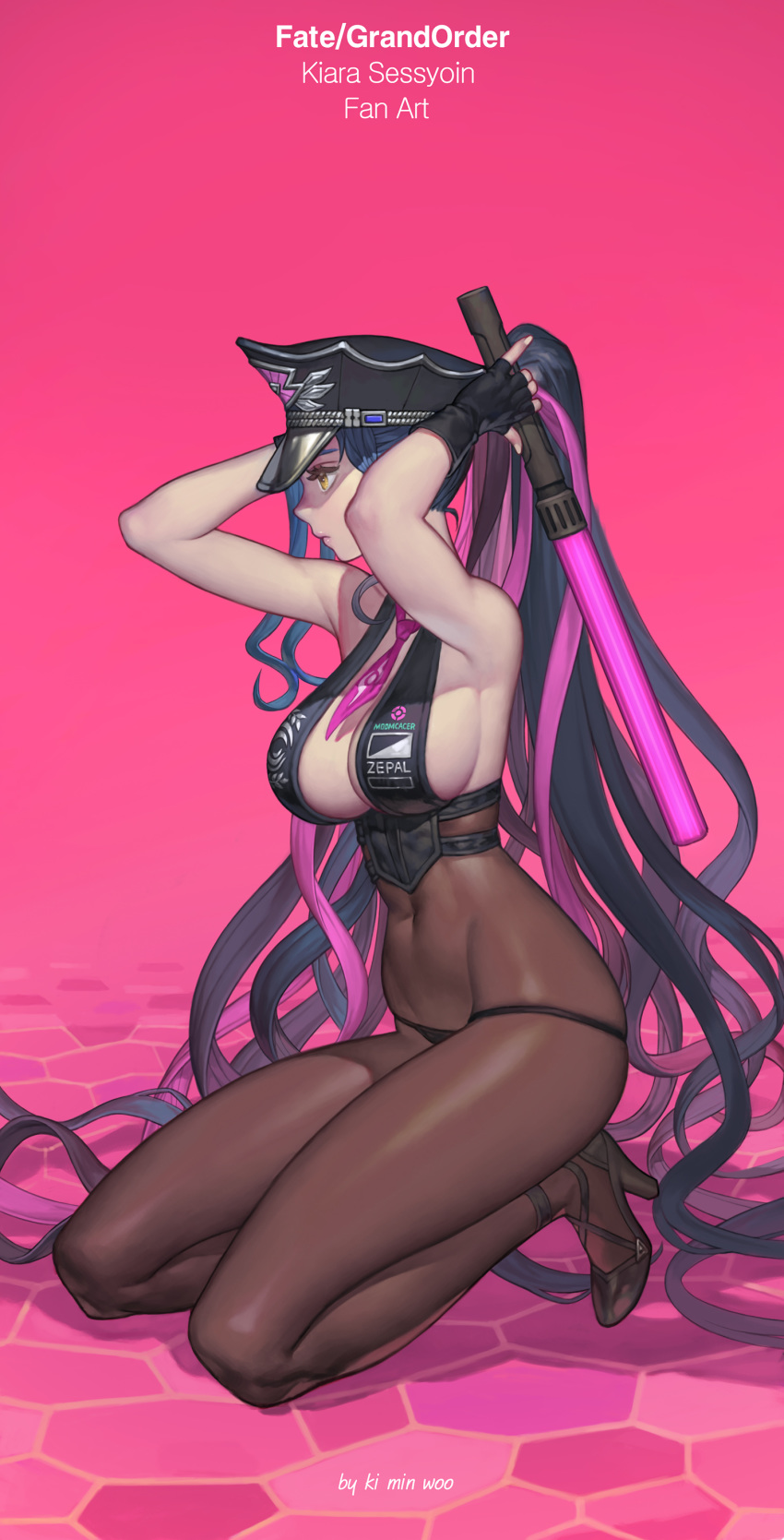1girl absurdres armpits arms_behind_head artist_name ass bangs bare_shoulders bikini black_bikini black_bodysuit black_gloves black_hair blush bodysuit breasts character_name cleavage copyright_name covered_navel fate/extra fate/grand_order fate_(series) fingerless_gloves full_body gloves hat high_heels highres jewelry ki_min-woo large_breasts long_hair looking_at_viewer multicolored_hair open_mouth pantyhose parted_bangs peaked_cap pink_background ponytail sesshouin_kiara sesshouin_kiara_(swimsuit_mooncancer)_(fate) sideboob smile streaked_hair swimsuit symbol-shaped_pupils traffic_baton very_long_hair yellow_eyes