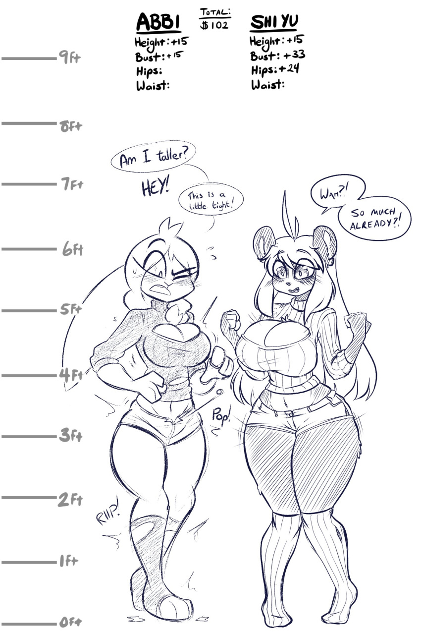 2:3 abbi_(kilinah) absurd_res anthro barefoot big_breasts blush breast_expansion breasts chart clothing dialogue dress duo expansion female giant_panda growth hair height_chart height_growth hi_res huge_breasts lagomorph legwear leporid long_ears long_hair lunarspy mammal monochrome number one_eye_closed rabbit shi_yu_(lunarspy) short_tail speech_bubble stockings text torn_clothing transformation ursid wardrobe_malfunction wide_hips
