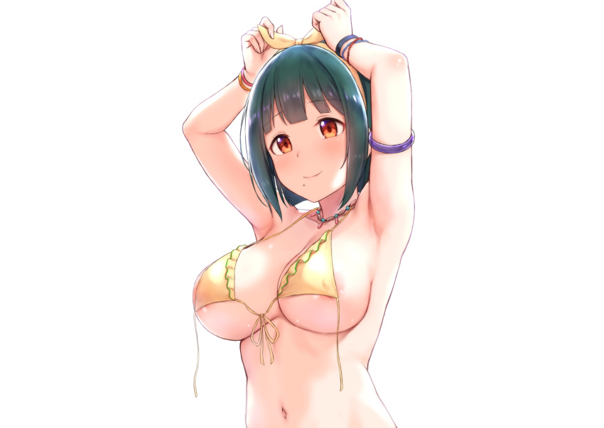 bikini breasts cai_geng erect_nipples green_hair headband idolmaster necklace otonashi_kotori red_eyes short_hair swimsuit undressing white wristwear