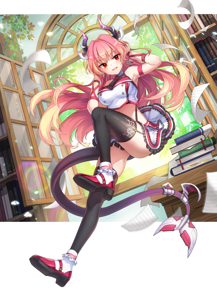 1girl absurdres arm_up armband armpits ass bare_shoulders black_legwear book book_stack breasts choker commission crop_top demon_horns demon_tail dutch_angle floating_hair full_body garter_straps gradient_hair hair_intakes hand_up highres horns knee_up kyjsogom large_breasts long_hair looking_at_viewer midriff miniskirt multicolored_hair open_mouth original paper pink_hair red_eyes shirt shoes skirt sleeveless sleeveless_shirt smile solo tail taut_clothes taut_shirt thighhighs thighs very_long_hair white_choker white_footwear white_shirt white_skirt wind window