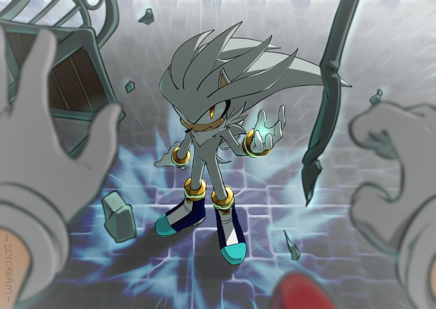 2boys battle boots closed_mouth commentary full_body gloves highres icycream24 looking_at_viewer male_focus multiple_boys pov psychokinesis serious silver_the_hedgehog sonic sonic_the_hedgehog sonic_the_hedgehog_(2006) standing white_gloves yellow_eyes