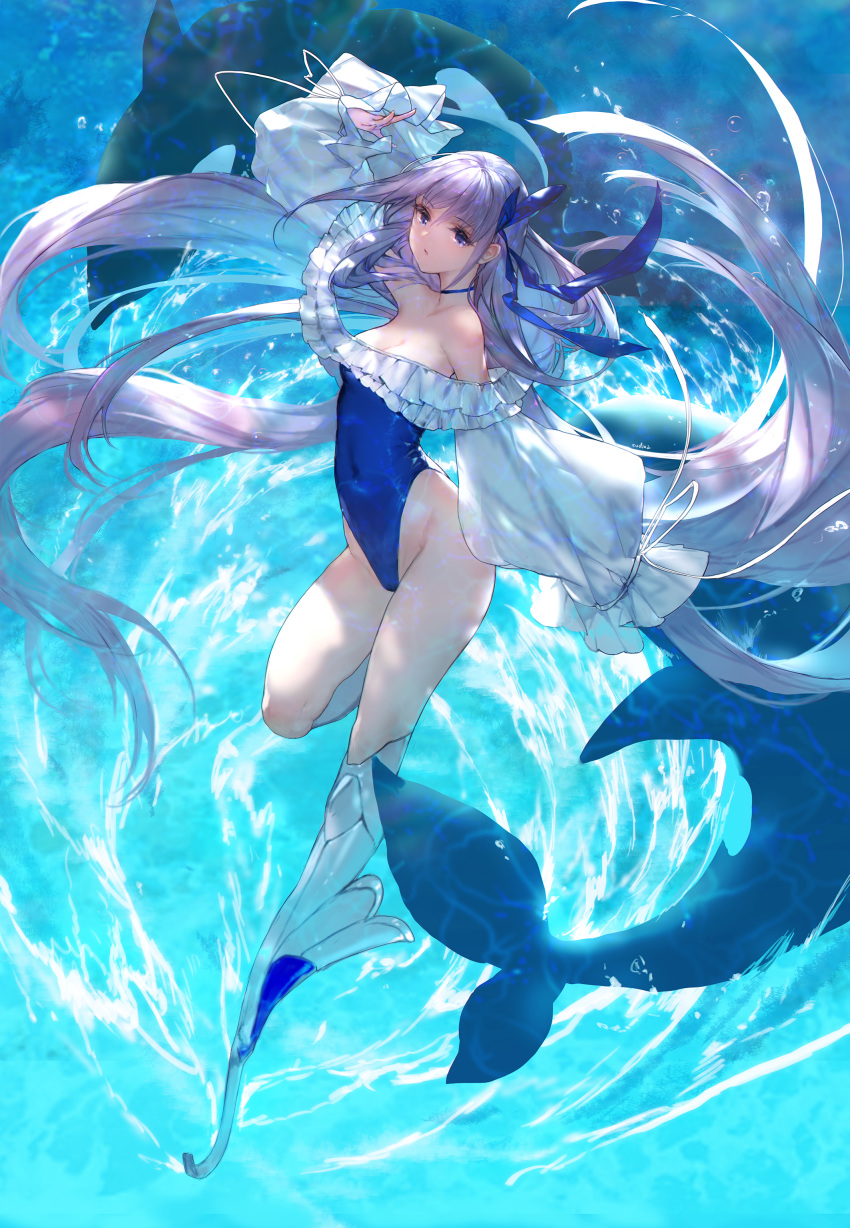 1girl absurdres blue_ribbon breasts choker cleavage collarbone commentary_request covered_navel dancing expressionless eyebrows_visible_through_hair fate/grand_order fate_(series) full_body groin hair_ribbon highres long_hair meltryllis meltryllis_(swimsuit_lancer)_(fate) one-piece_swimsuit orca prosthesis prosthetic_leg puffy_sleeves purple_eyes purple_hair ribbon small_breasts solo swd3e2 swimsuit thighs very_long_hair water