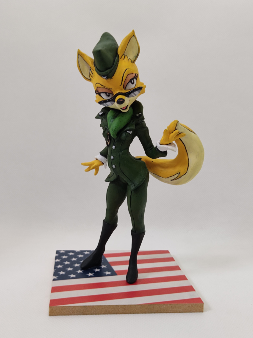 3:4 4_fingers absurd_res anthro boots canid canine clay_sculpture clothed clothing eyewear female figurine fingers footwear fox glasses hat headgear headwear hi_res holding_tail lt._fox_vixen mammal military military_uniform open_mouth pakochan sculpture_(artwork) sek_studios solo squirrel_and_hedgehog traditional_media_(artwork) uniform united_states_of_america