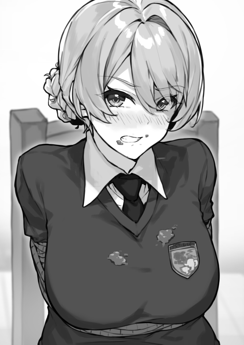 1girl absurdres angry bangs blush bound breasts chair clenched_teeth darjeeling_(girls_und_panzer) dress_shirt emblem food food_on_breasts food_on_face girls_und_panzer greyscale highres kimi_tsuru large_breasts looking_at_viewer monochrome necktie rope school_uniform shirt short_hair solo st._gloriana's_(emblem) st._gloriana's_school_uniform sweater teeth tied_hair tied_to_chair v-neck white_background white_shirt