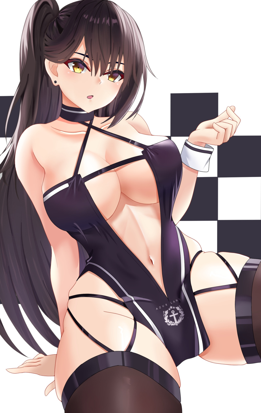 1girl :o absurdres arm_support azur_lane bangs bare_shoulders black_choker black_legwear blush breasts brown_eyes brown_hair center_opening checkered checkered_background choker cleavage collarbone commentary_request cowboy_shot criss-cross_halter earrings eyebrows_behind_hair eyeliner groin hair_between_eyes halterneck hand_up high_ponytail highres jewelry large_breasts long_hair looking_at_viewer makeup navel pelvic_curtain race_queen single_sidelock sitting skindentation solo stud_earrings thighhighs underboob very_long_hair white_background wrist_cuffs yuuki_atori zuikaku_(azur_lane) zuikaku_(the_wind's_true_name)_(azur_lane)