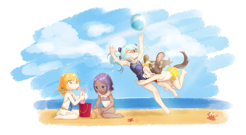 4girls absurdres animal_ears beach blonde_hair blush brown_hair bucket coco_mercury crab dog_ears dog_girl dog_tail dutch_girl_(last_origin) full_body hachiko_of_castling highres hug kbn317 last_origin light_blue_hair lrl multicolored_hair multiple_girls one-piece_swimsuit orange_hair purple_hair sand sand_castle sand_sculpture short_hair smile starfish swimsuit tackle tail twintails two-tone_hair volleyball water