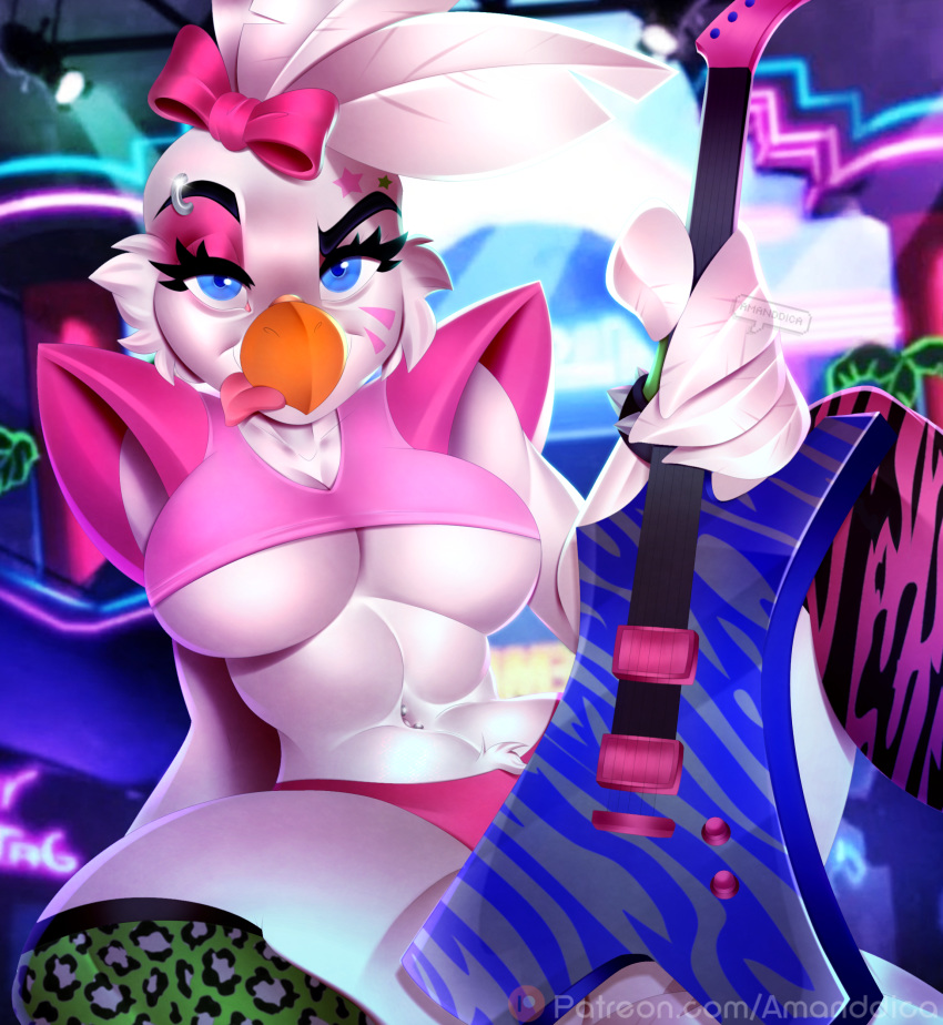 absurd_res accessory amanddica avian big_breasts bird blue_eyes bodypaint breasts chicken clothing face_paint feathers female five_nights_at_freddy's:_security_breach galliform gallus_(genus) glamrock_chica_(fnaf) guitar hair_accessory hair_bow hair_ribbon hi_res legwear musical_instrument phasianid piercing plucked_string_instrument ribbons stockings string_instrument under_boob white_body white_feathers
