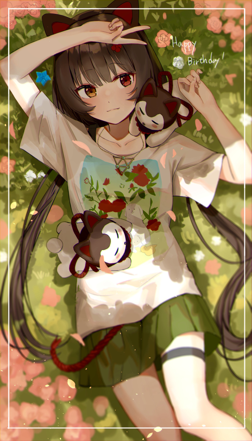 1girl absurdres animal_ears arms_up bangs black_hair border collarbone dog_ears floral_print flower grass green_skirt hair_flower hair_ornament hand_on_head happy_birthday heterochromia highres inui_toko long_hair lying nijisanji on_back red_eyes sen_(sennosenn1127) shirt skirt smile stuffed_animal stuffed_dog stuffed_toy v very_long_hair virtual_youtuber white_shirt yellow_eyes