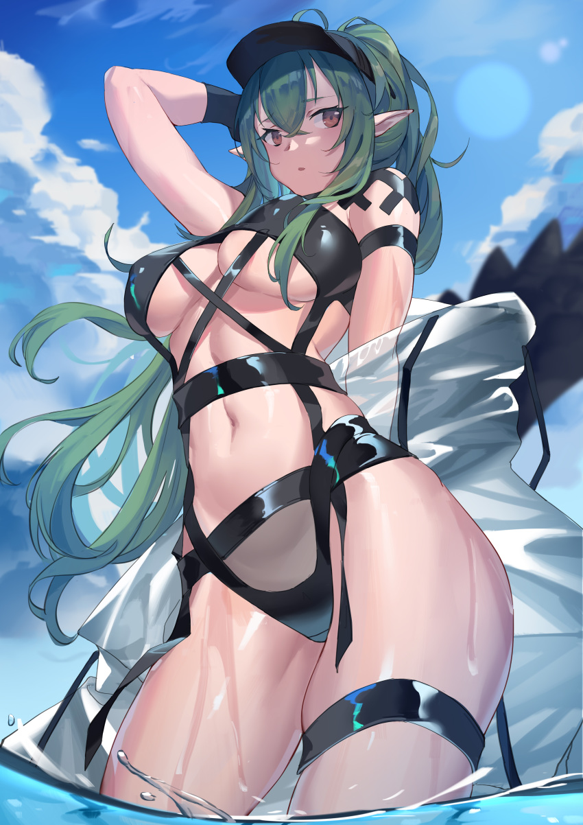 1girl absurdres antenna_hair arknights arm_behind_head armpits arms_up bankongping bare_shoulders bikini black_bikini breasts crocodilian_tail gavial_(arknights) green_hair groin highleg highleg_bikini highres large_breasts long_hair looking_at_viewer multiple_straps navel open_mouth ponytail solo stomach swimsuit thigh_strap thighs underboob visor_cap wading yellow_eyes