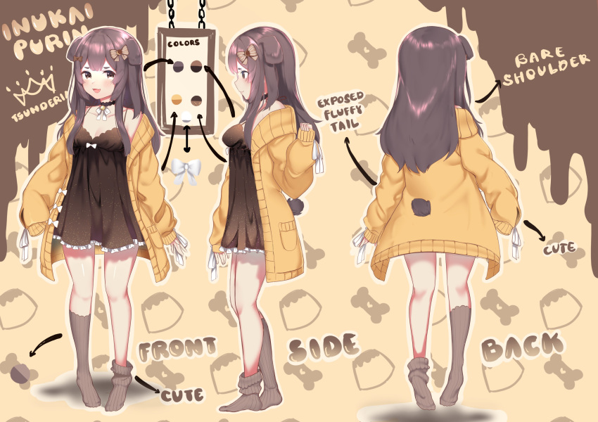 absurdres animal_ears breasts brown_eyes brown_hair character_name character_request cleavage collarbone concept_art dog_ears dog_tail english_commentary english_text full_body highres indie_virtual_youtuber jacket ribbon small_breasts socks tail teriibol virtual_youtuber