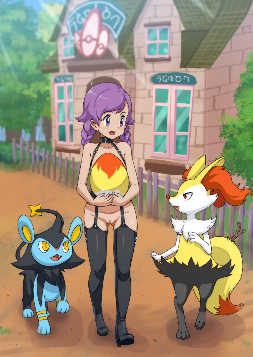 absurd_res anthro black_body black_fur braixen building butt_from_the_front detailed_background dipstick_tail egg female fence feral fur genitals group hair hi_res house human leather light luxio male mammal mostly_nude multicolored_tail nintendo outside pok&eacute;mon pok&eacute;mon_(species) purple_eyes purple_hair pussy smile sunlight the_dark_mangaka tree video_games yellow_body yellow_eyes yellow_fur young