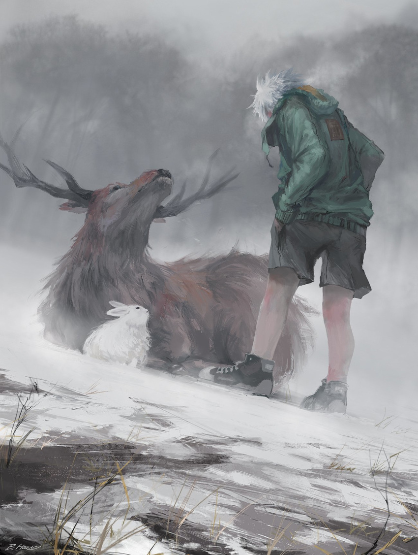 animal black_footwear black_shorts breath bunny cold deer green_jacket hands_in_pockets highres hood hood_down hooded_jacket jacket looking_at_another maddoze original outdoors shorts sitting snow standing tree white_hair