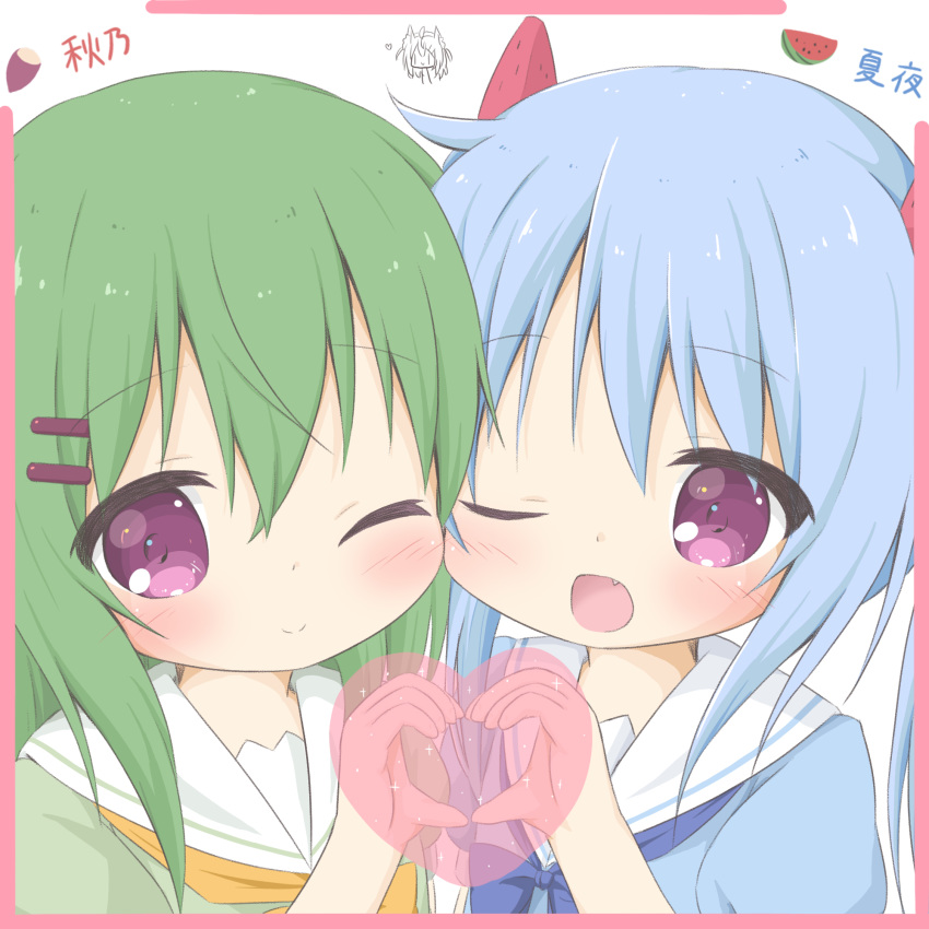 2girls ;) ;d bangs blue_bow blue_dress blue_hair blush bow closed_mouth dress eyebrows_visible_through_hair fang food_themed_hair_ornament green_dress green_hair hair_between_eyes hair_ornament hairclip hand_up heart heart_hands heart_hands_duo highres long_hair melon_hair_ornament multiple_girls one_eye_closed open_mouth orange_bow original puffy_sleeves purple_eyes rinechun rinechun's_blonde_dog_girl sailor_collar sailor_dress siblings sisters smile twins white_background white_sailor_collar