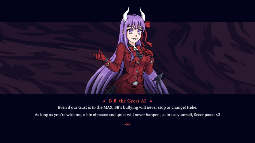 1girl bb_(fate)_(all) bb_(fate/extra_ccc) beelzebub_(helltaker) black_tail bug burbur business_suit cosplay demon_girl demon_horns demon_tail english_text fake_screenshot fate/extra fate/extra_ccc fate/grand_order fate_(series) fly formal gloves hair_between_eyes hair_ribbon hands_up helltaker highres horns insect long_hair long_sleeves looking_at_viewer parody purple_eyes purple_hair red_suit ribbon smile solo style_parody suit tail vanripper_(style) visual_novel waistcoat white_horns