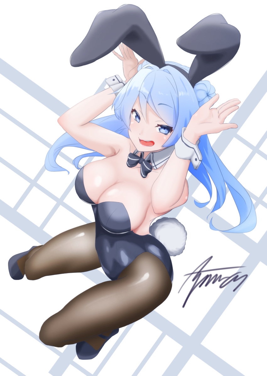 1girl animal_ears ayuman black_footwear black_legwear black_leotard black_neckwear blue_eyes blue_hair bow bowtie breasts bunny_ears bunny_girl bunny_pose bunny_tail bunnysuit cleavage commentary_request detached_collar double_bun fake_animal_ears full_body high_heels highres kantai_collection leotard long_hair medium_breasts pantyhose solo strapless strapless_leotard tail urakaze_(kantai_collection) wrist_cuffs