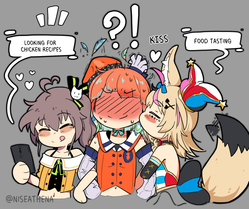 ! !? 3girls =_= ^_^ ahoge animal_ears aqua_neckwear bare_shoulders beret blonde_hair blush blush_stickers bow brown_hair cellphone cheek_kiss chibi closed_eyes crop_top detached_sleeves english_text eyebrows_visible_through_hair feathers fox_ears fox_girl fox_tail grey_background hat headwear heart heart_ahoge highres holding holding_phone hololive hololive_english hot kiss looking_at_object looking_at_phone midriff multiple_girls natsuiro_matsuri navel nervous niseathena off-shoulder_shirt off_shoulder omaru_polka phone ponytail ribbon scared shaded_face shirt side_ponytail smartphone smile speech_bubble surprised sweat sweating_profusely tail tail_bow tail_wagging takanashi_kiara trembling twitter_username watermark