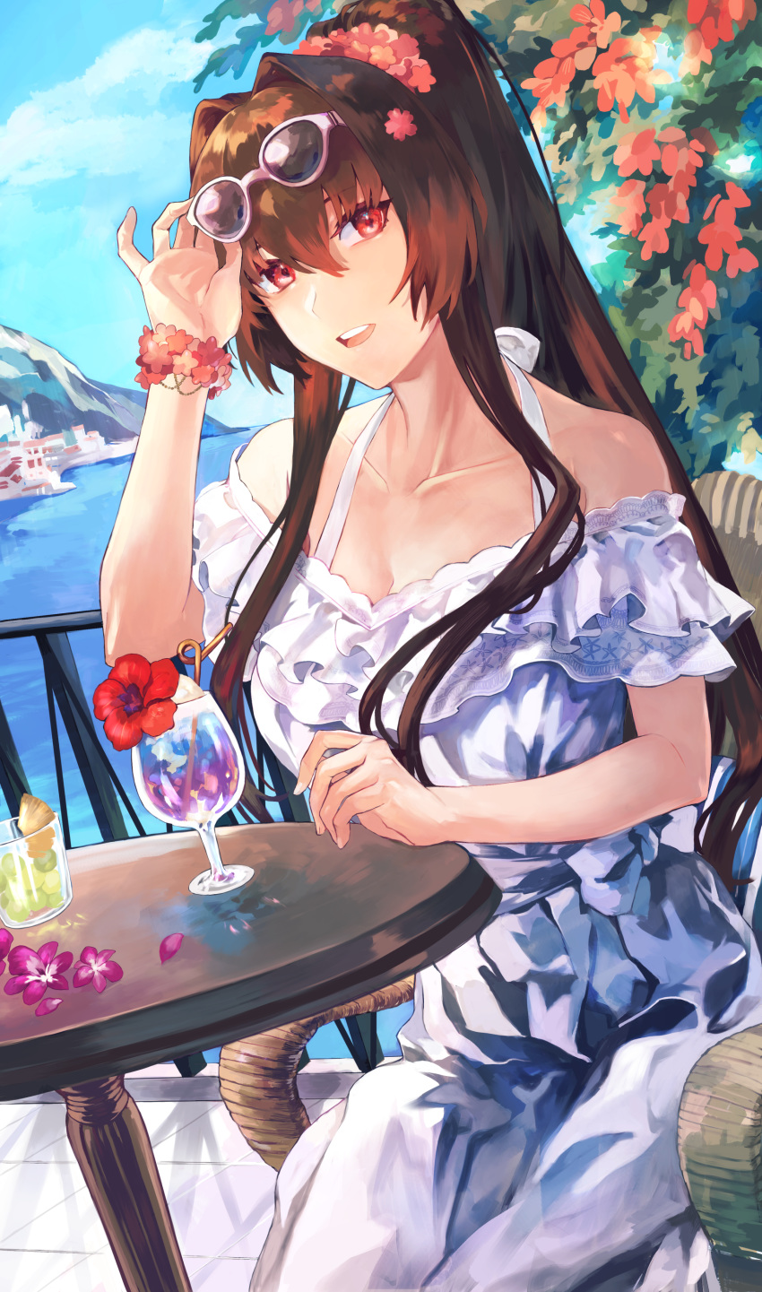 1girl absurdres alternate_costume bangs breasts brown_hair chair cleavage cloud cup day dress eyewear_on_head flower fukazaki hair_flower hair_ornament hibiscus highres kantai_collection large_breasts long_hair ocean open_mouth outdoors pink_flower ponytail red_eyes red_flower sidelocks sitting sky solo sunglasses table water white_dress yamato_(kantai_collection)
