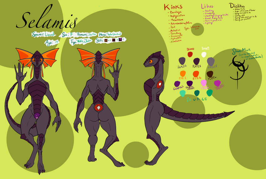 absurd_res anthro baeowulf bone english_text female fin frill_(disambiguation) hi_res icons lizard lizard_(divinity) model_sheet nude reptile scales scalie selamis_(baeowulf) solo text wide_hips