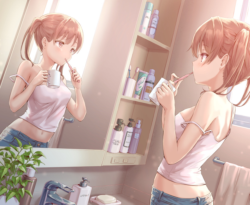 1girl bare_shoulders bottle brown_eyes brown_hair brushing_teeth camisole cup denim denim_shorts faucet hirokazu_(analysis-depth) holding indoors medium_hair midriff mirror navel original plant shelf short_shorts shorts sleeveless solo spaghetti_strap strap_slip toothbrush towel towel_rack twintails white_camisole window