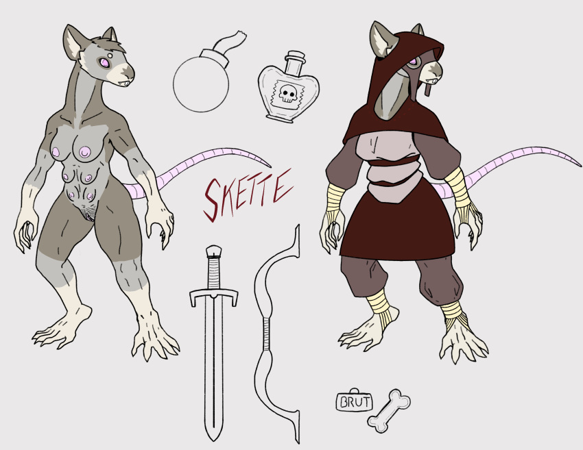 6_breasts absurd_res adventurer anthro baeowulf bomb bow breasts explosives female hi_res mammal melee_weapon model_sheet multi_breast murid murine nude poison potion_bottle rat ratfolk rodent skette_(baeowulf) solo sword weapon