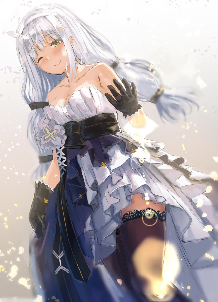 1girl alternate_costume bangs bare_shoulders black_gloves black_legwear black_sash blunt_bangs blush breasts cleavage closed_mouth collarbone cowboy_shot dress eyebrows_visible_through_hair girls_frontline gloves green_eyes hair_tie hairband hand_up highres hk416_(girls_frontline) karo-chan long_dress long_hair looking_at_viewer medium_breasts multi-tied_hair multicolored multicolored_clothes one_eye_closed sash silver_hair skirt_hold sleeveless smile solo standing strapless thighhighs white_dress