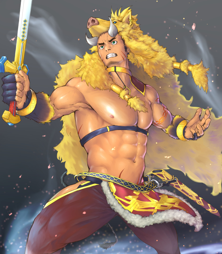 1boy abs animal_hood bara blue_eyes brown_hair chest chest_harness collar facial_hair fang fighting_stance forked_eyebrows gullinbursti_(tokyo_houkago_summoners) harness hat highres hood ko_shushu male_focus manly muscle navel nipples pectorals revealing_clothes short_hair sideburns solo stubble sword thick_thighs thigh_cutout thighs tokyo_houkago_summoners weapon