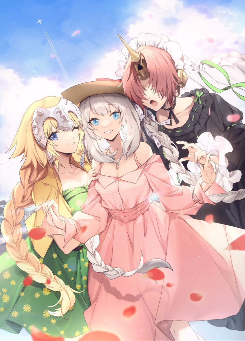 3girls aircraft airplane black_dress blonde_hair blue_eyes blue_sky braid breasts closed_mouth cloud collarbone commentary_request covered_eyes day dress eyebrows_visible_through_hair fate/grand_order fate_(series) floral_print flower frankenstein's_monster_(fate) frilled_dress frills green_dress green_ribbon hair_between_eyes hair_over_eyes hat headpiece highres horns jacket jeanne_d'arc_(fate) jeanne_d'arc_(fate)_(all) jewelry long_hair long_sleeves looking_at_viewer marie_antoinette_(fate/grand_order) mechanical_horn multiple_girls neck_ribbon necklace no-kan one_eye_closed open_clothes open_mouth outdoors pearl_necklace petals pink_dress pink_hair ribbon short_hair single_braid single_horn sky smile sun_hat teeth twin_braids under_the_same_sky veil very_long_hair yellow_jacket