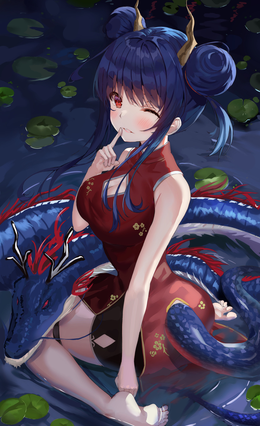 1girl absurdres arknights bangs bare_arms bare_shoulders barefoot blue_hair blush breasts ch'en_(arknights) china_dress chinese_clothes cleavage cleavage_cutout commentary double_bun dragon dragon_horns dragon_tail dress eastern_dragon hand_up highres horns index_finger_raised large_breasts lily_pad long_hair looking_at_viewer lotpi one_eye_closed parted_lips red_dress red_eyes sidelocks sitting sleeveless sleeveless_dress tail wariza water