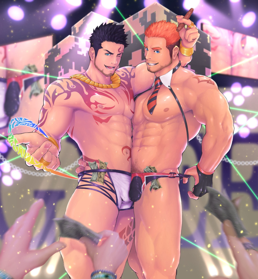 2boys abs bara beard black_hair blue_eyes brown_hair bulge bulge_docking chest cigar come_hither crowd detached_collar facial_hair gyee highres jockstrap ko_shushu looking_at_viewer male_focus male_pubic_hair manly mini_necktie money money_hold multicolored_hair multiple_boys muscle navel nipples orange_hair pectoral_docking pectoral_press pectorals priapus priapus_(gyee) pubic_hair rand_(gyee) red_pupils short_hair stripper stubble tattoo thick_thighs thighs underwear underwear_pull undressing