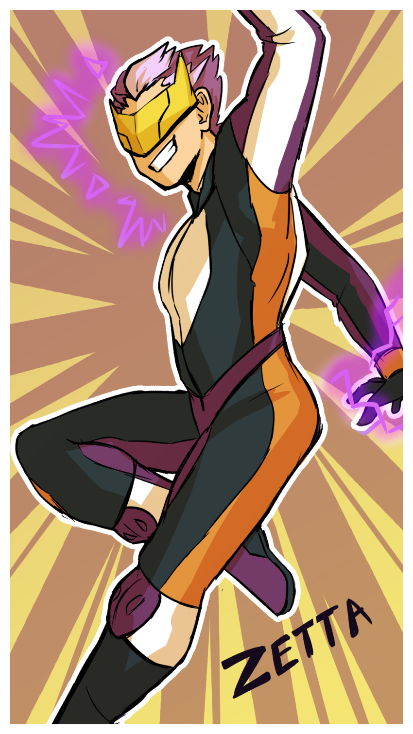 9:16 black_clothing black_gloves bodysuit boots clothing eyemask footwear gloves hair handwear hi_res human human_only male mammal nexomon not_furry orange_clothing plantigrade pose purple_clothing purple_glow purple_hair short_hair simple_background skillver1106 skinsuit smile smiling_at_viewer smirk solo tight_clothing white_clothing yellow_background zetta_(nexomon)