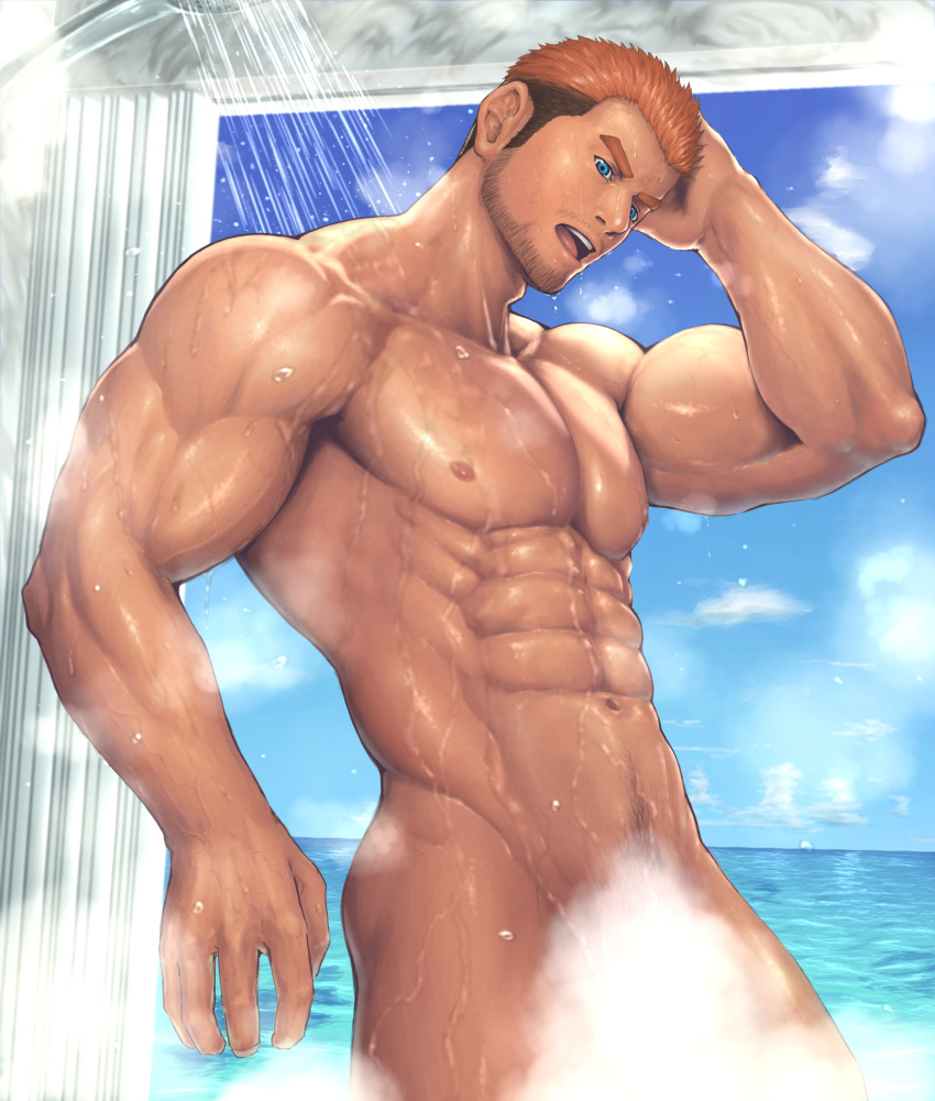 1boy abs bara blue_eyes brown_hair bulge chest cloud cloudy_sky completely_nude convenient_censoring facial_hair gyee highres ko_shushu male_focus male_pubic_hair manly multicolored_hair muscle navel nipples nude open_mouth orange_hair pectorals pubic_hair rand_(gyee) short_hair showering sideburns sky solo steam steam_censor stubble wet