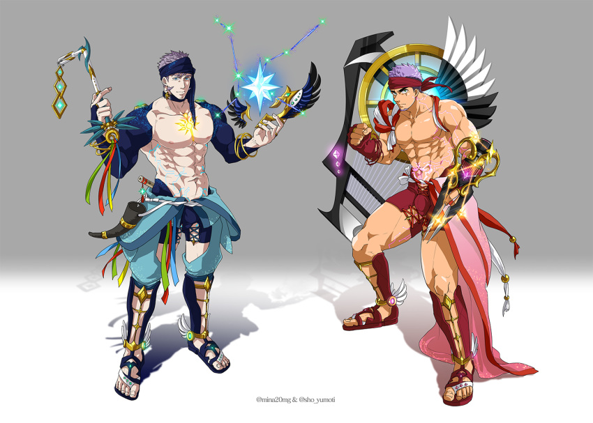 2boys abs alternate_costume bara black_hair blue_eyes bracelet bulge chest collaboration couple facial_hair fingerless_gloves floating floating_object full_body gloves glowing goatee gradient gradient_background green_eyes grey_hair gyee harp headband horn_(instrument) instrument jewelry male_focus manly minato_(mina_20mg) multiple_boys muscle navel nipples pectorals purple_hair revealing_clothes shirtless sho_yumoti short_hair shrug_(clothing) sideburns single_fingerless_glove sky standing stubble su_(gyee) thick_thighs thigh_cutout thighs tight twitter_username weapon winged_footwear yan_(gyee)