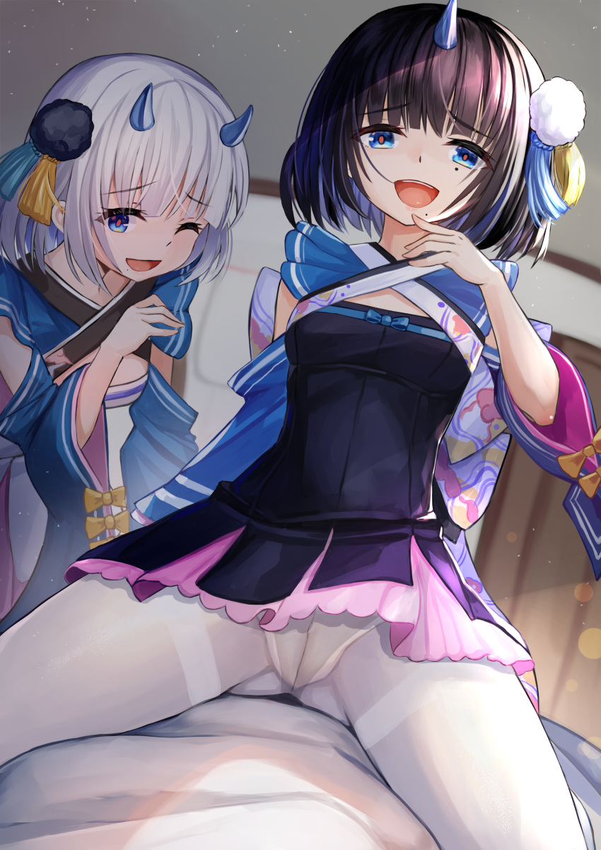 2girls :d absurdres bangs blue_eyes blue_sleeves breasts crotch_seam detached_sleeves dress eyebrows_visible_through_hair fuujin_(monster_strike) hair_ornament highres horns long_sleeves looking_at_viewer mole mole_under_eye mole_under_mouth monster_strike multiple_girls one_eye_closed open_mouth pantyhose raijin_(monster_strike) short_hair single_horn small_breasts smile straddling tsuseki white_dress white_hair white_legwear wide_sleeves