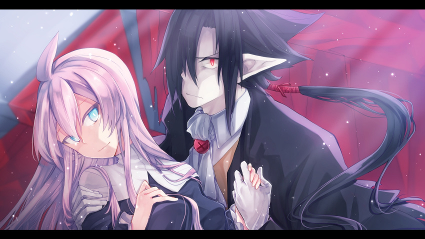 artina_(disgaea) ascot black_hair blue_eyes disgaea gloves hand_on_own_chest highres holding_hands long_coat long_hair makai_senki_disgaea_4 nun pale_skin pink_hair pointy_ears ponytail red_eyes saya_(ponzu) upper_body valvatorez_(disgaea) vampire white_gloves