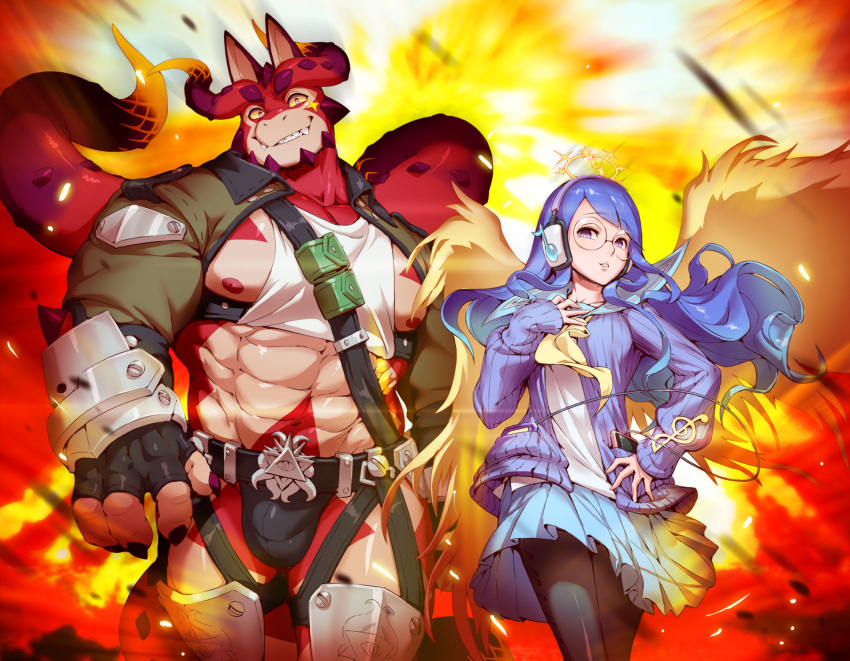 1boy 1girl abs all_seeing_eye angel_wings armor belt black_legwear blue_hair bright_pupils brown_jacket cardigan cellphone cthugha_(tokyo_houkago_summoners) explosion fingerless_gloves fingernails gameplay_mechanics gauntlets gloves grin halo hand_on_hip hand_on_own_chest harness headphones highres jacket jacketbear jockstrap knee_pads leanan_sidhe_(tokyo_houkago_summoners) leggings looking_at_viewer monster_boy muscle neckerchief nipples octopus_boy parted_lips pectorals phone pleated_skirt pouch purple_eyes school_uniform serafuku sharp_fingernails skirt sleeves_past_wrists smartphone smile tentacles tokyo_houkago_summoners underwear walking wings yellow_sclera