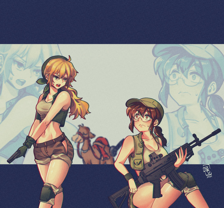 2girls assault_rifle blonde_hair breasts brown_eyes brown_hair camel collaboration dy_lee fio_germi glasses gun handgun highres holding holding_gun holding_weapon kasamoto_eri korean_commentary large_breasts looking_down looking_up marron_oxo medium_breasts metal_slug midriff multiple_girls navel open_mouth pistol rifle sweat weapon zoom_layer