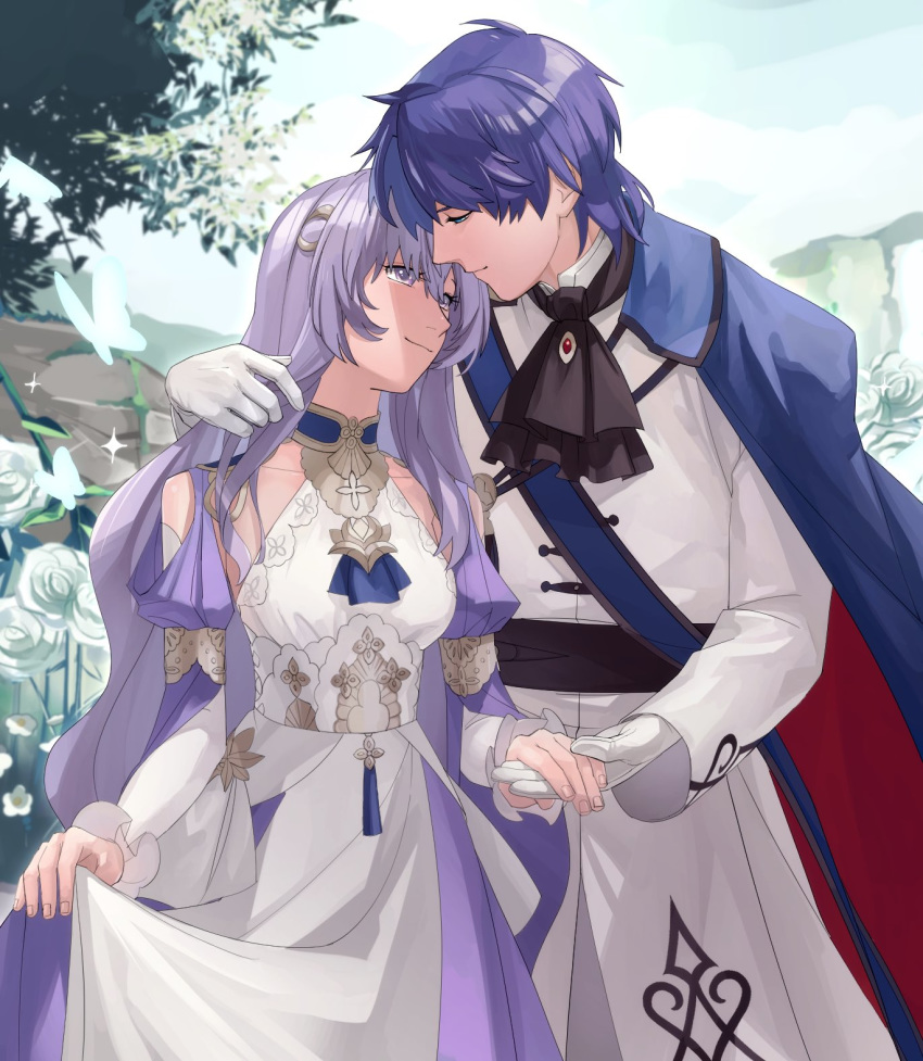 1boy 1girl a_(user_vtsy8742) blue_hair cape couple deirdre_(fire_emblem) dress fire_emblem fire_emblem:_genealogy_of_the_holy_war hand_in_another's_hair hetero highres holding holding_clothes holding_dress holding_hands looking_at_another looking_down looking_up purple_hair sigurd_(fire_emblem) smile