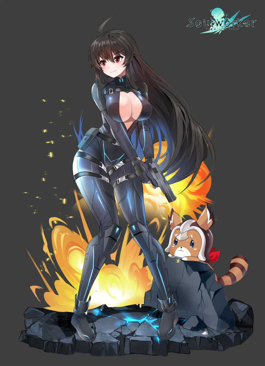 1girl absurdres ahoge animal armored_boots artist_request belt belt_pouch black_hair boots breasts catsuit cleavage explosion full_body gun handgun highres holding holding_gun holding_weapon iris_yuma large_breasts long_hair looking_away multiple_straps no_bra official_art open_clothes partially_unzipped pistol pouch raccoon red_eyes smile solo soul_worker standing very_long_hair weapon