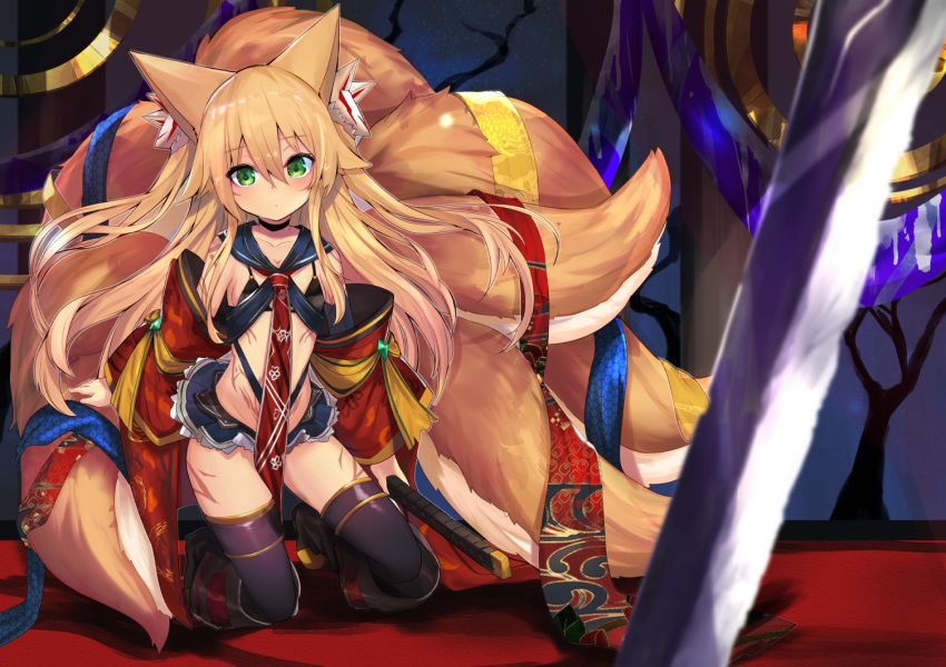 1girl animal_ears blonde_hair body_markings breasts cleavage eyebrows_visible_through_hair fox_ears fox_girl fox_tail green_eyes hair_between_eyes kneeling kokonoe_tsubaki long_hair looking_at_viewer multiple_tails original small_breasts tagme tail thighhighs yoshizawa_tsubaki zettai_ryouiki