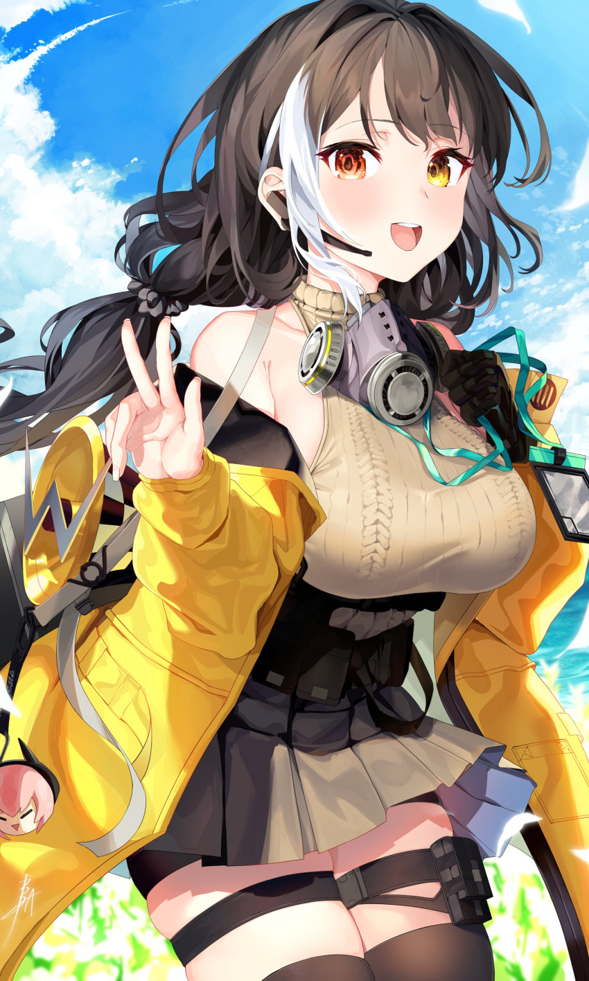 1girl absurdres b:ga bike_shorts black_gloves blush breasts brown_hair cloud fingernails gas_mask girls_frontline gloves hair_ornament hair_scrunchie happy headset heterochromia highres id_card jacket lanyard large_breasts long_hair m4_sopmod_ii_jr mask_around_neck megaphone mod3_(girls_frontline) multicolored_hair open_mouth pink_hair pouch red_eyes ro635_(girls_frontline) scrunchie single_glove skindentation skirt sky sleeveless_sweater solo streaked_hair thigh_pouch thighhighs thighs v white_hair yellow_eyes yellow_jacket